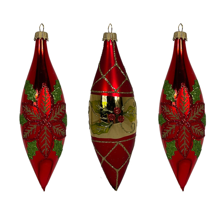 5.6" (15cm) Poinsettia & Berries Glass Finial, set of 3, Shinny & Matte Red,  Figurine Ornaments, 3/Box, 8/Case, 24 Pieces