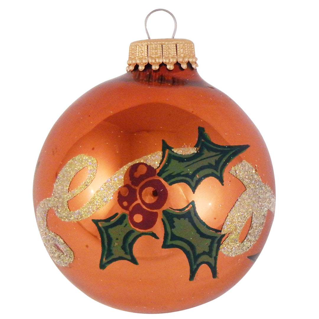 2 5/8" (67mm) Ball Ornaments Copper Shine with Holly and Ribbon, 4/Box, 12/Case, 48 Pieces