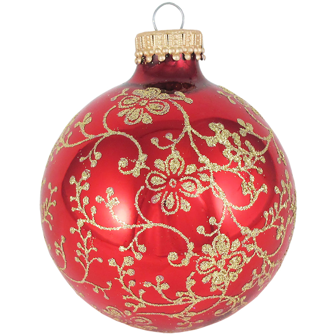 2 5/8" (67mm) Ball Ornaments, Floral Glitterlace, Red/Gold, 4/Box, 12/Case, 48 Pieces