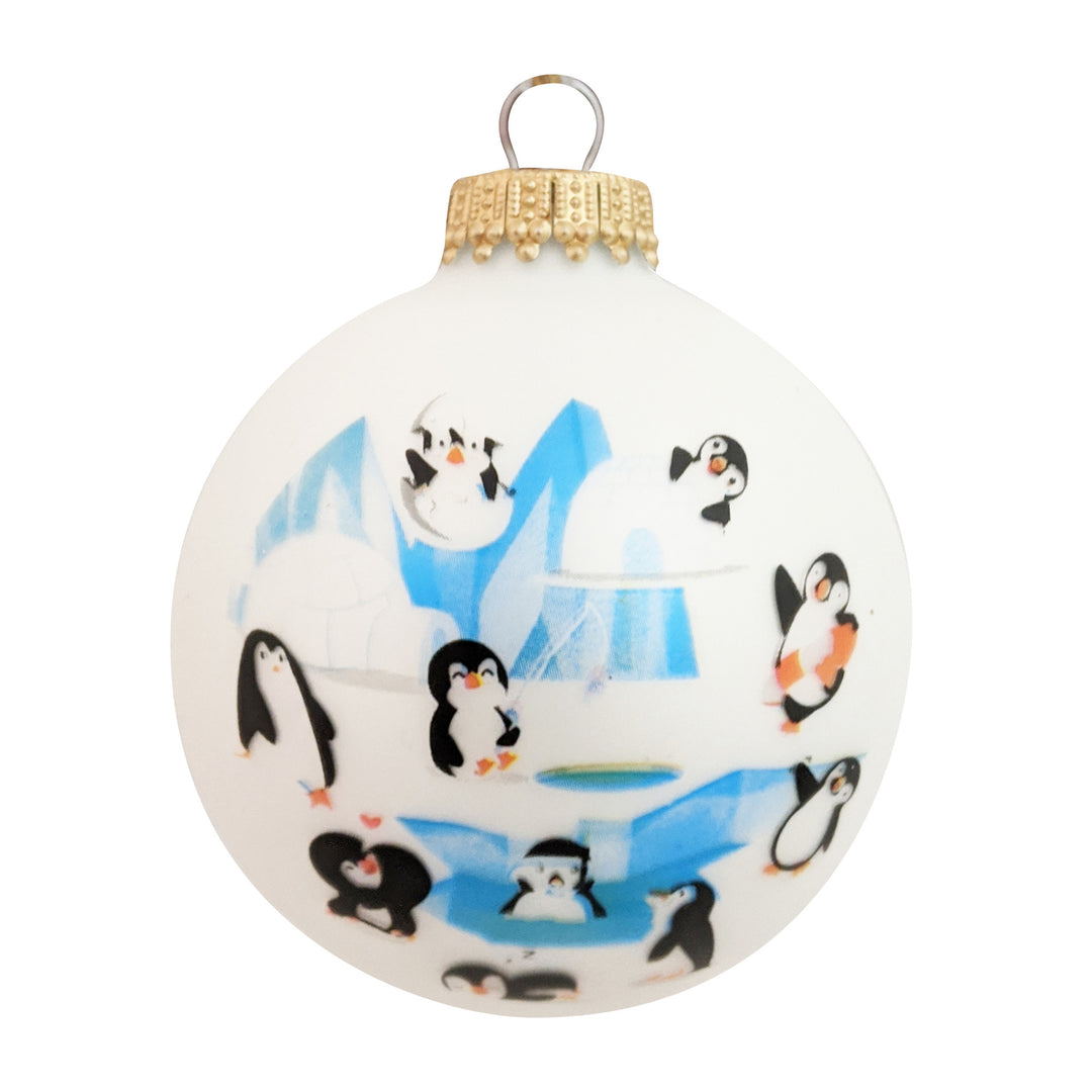 2 5/8" (67mm) Glass Ball Ornaments, White Velvet - Penguins , 4/Box, 12/Case, 48 Pieces