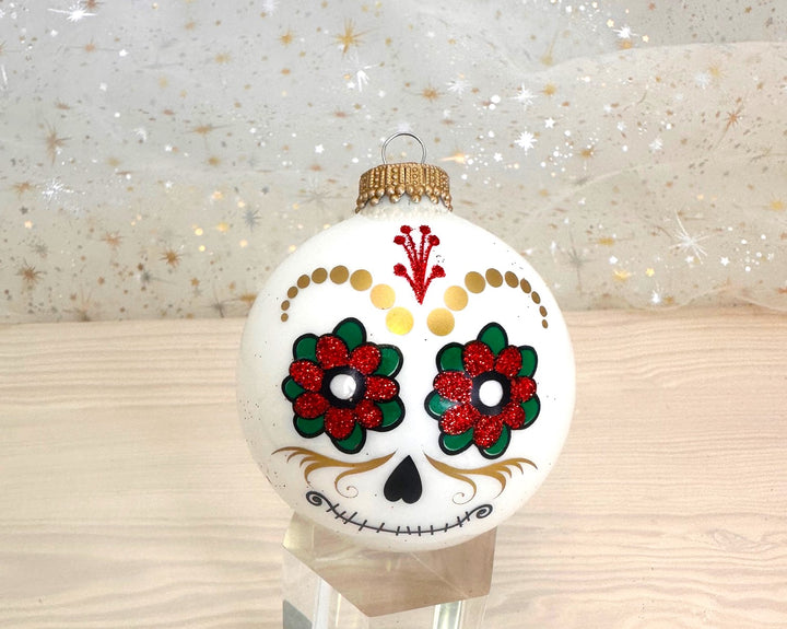 2 5/8" (67mm) Halloween Ball Ornaments Solid Porcelain White Day of the Dead with Flower Eyes 4/Box, 12/Case, 48 Pieces