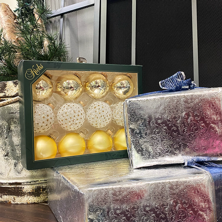 2 5/8" (67mm) Gold Glass Ball Variety Set Decorated with Lace and Gold Sparkles, 12/Box, 12/Case, 144 Pieces