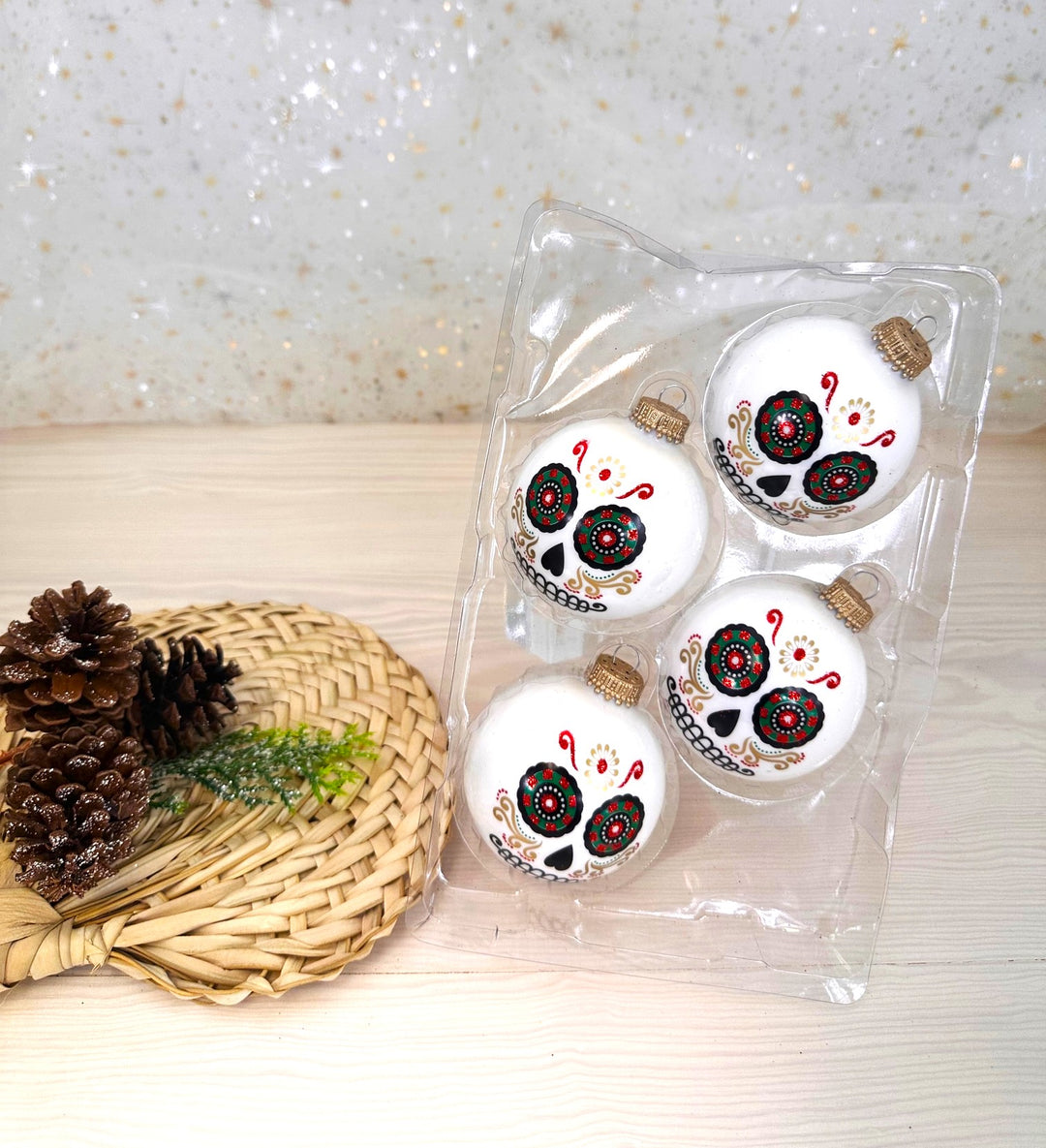 2 5/8" (67mm) Halloween Ball Ornaments Solid Porcelain White with Day of the Dead Wide Eyes 4/Box, 12/Case, 48 Pieces