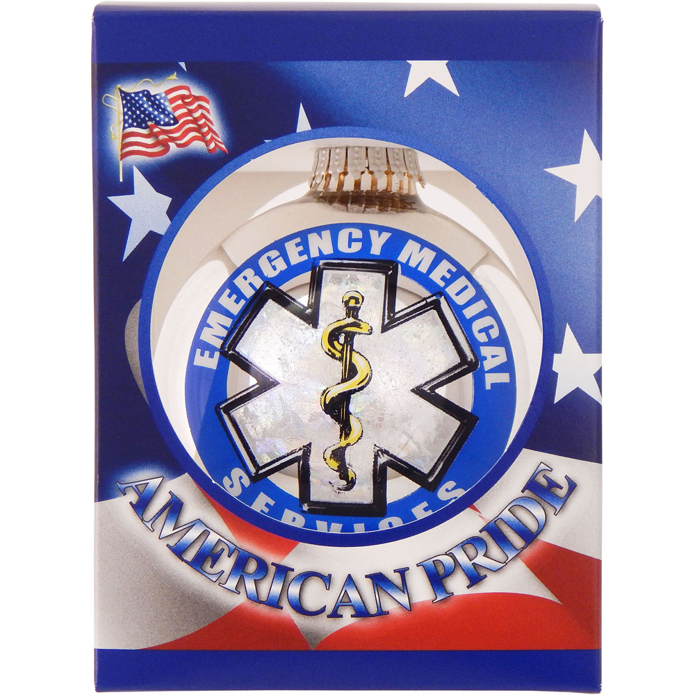 3 1/4" (80mm) Bright Silver Glass Ball Ornaments, First Responder EMS Logo, 1/Box, 12/Case, 12 Pieces