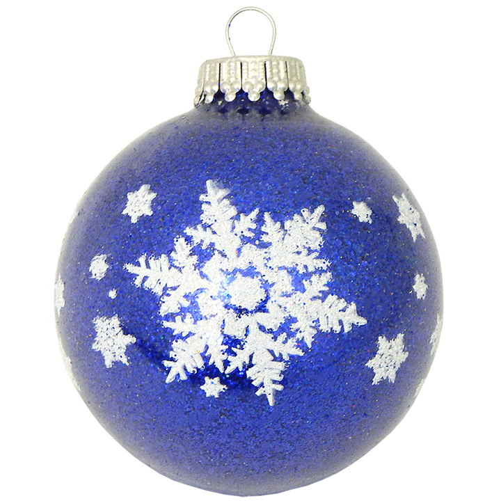 2 5/8" (67mm) Glass Ball Ornaments, Dark Blue Sparkle with White Big Snowflakes, 4/Box, 12/Case, 48 Pieces