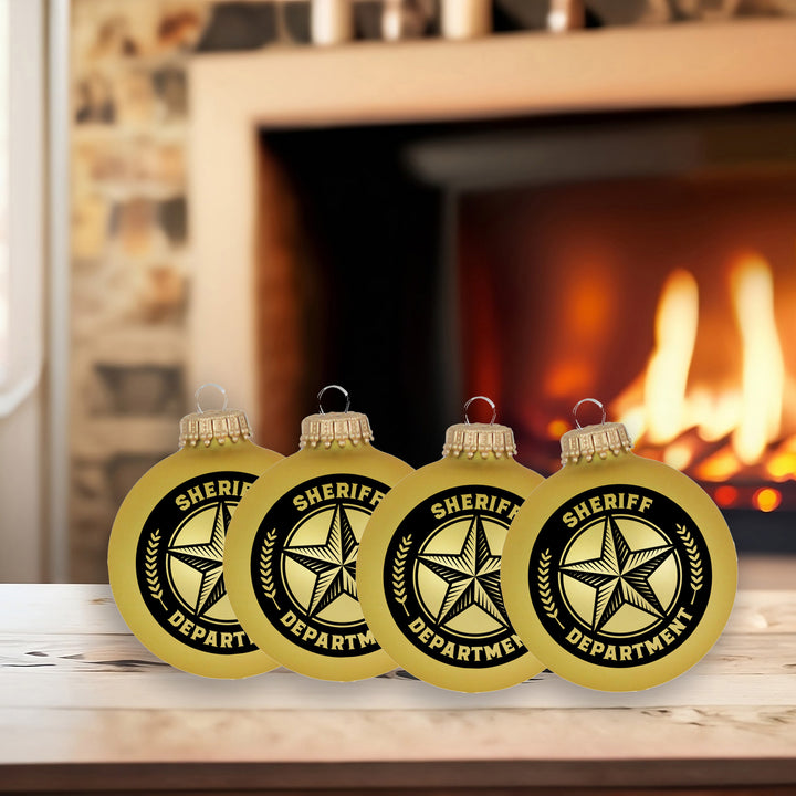 3 1/4" (80mm) Ball Ornaments, Sheriff and Saying, Gold Velvet, 1/Box, 12/Case, 12 Pieces