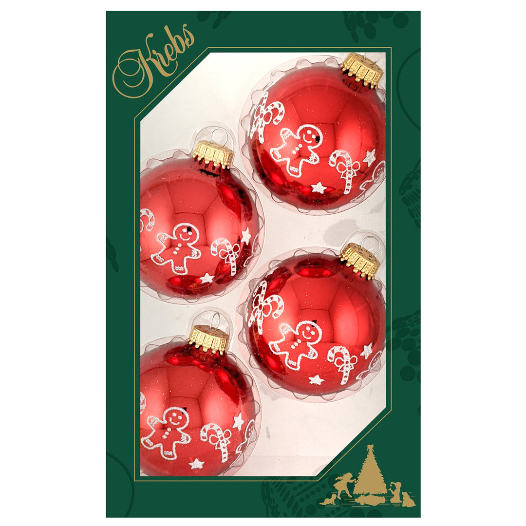 2 5/8" (67mm) Ball Ornaments Christmas Red with White Glitter Gingerbread and Candy Cane Band, 4/Box, 12/Case, 48 Pieces