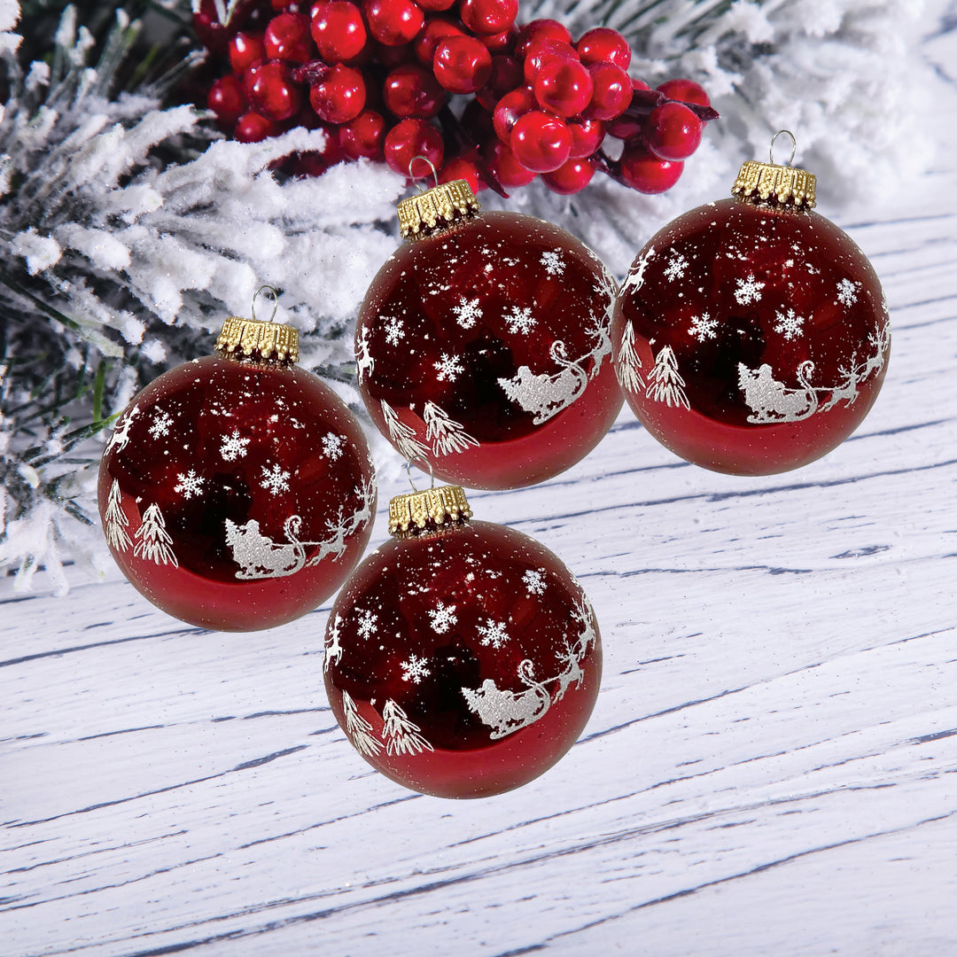 2 5/8" (67mm) Glass Ball Ornaments, Christmas Red with White Glitter Christmas Eve & Sugar Glitter Spritz, 4/Box, 12/Case, 48 Pieces