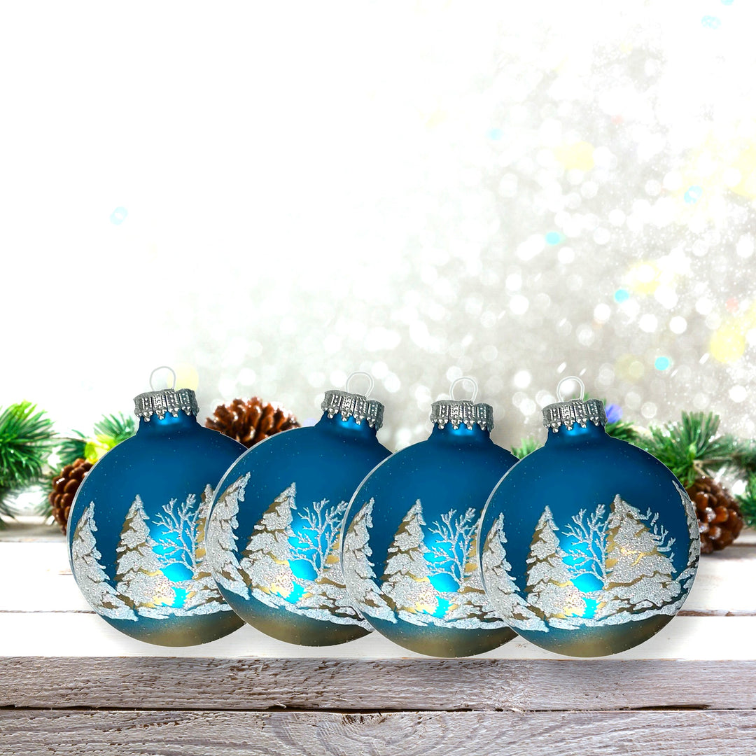2 5/8" (67mm) Glass Ball Ornaments, Turquoise Bliss with Gold/White Festive Trees, 4/Box, 12/Case, 48 Pieces