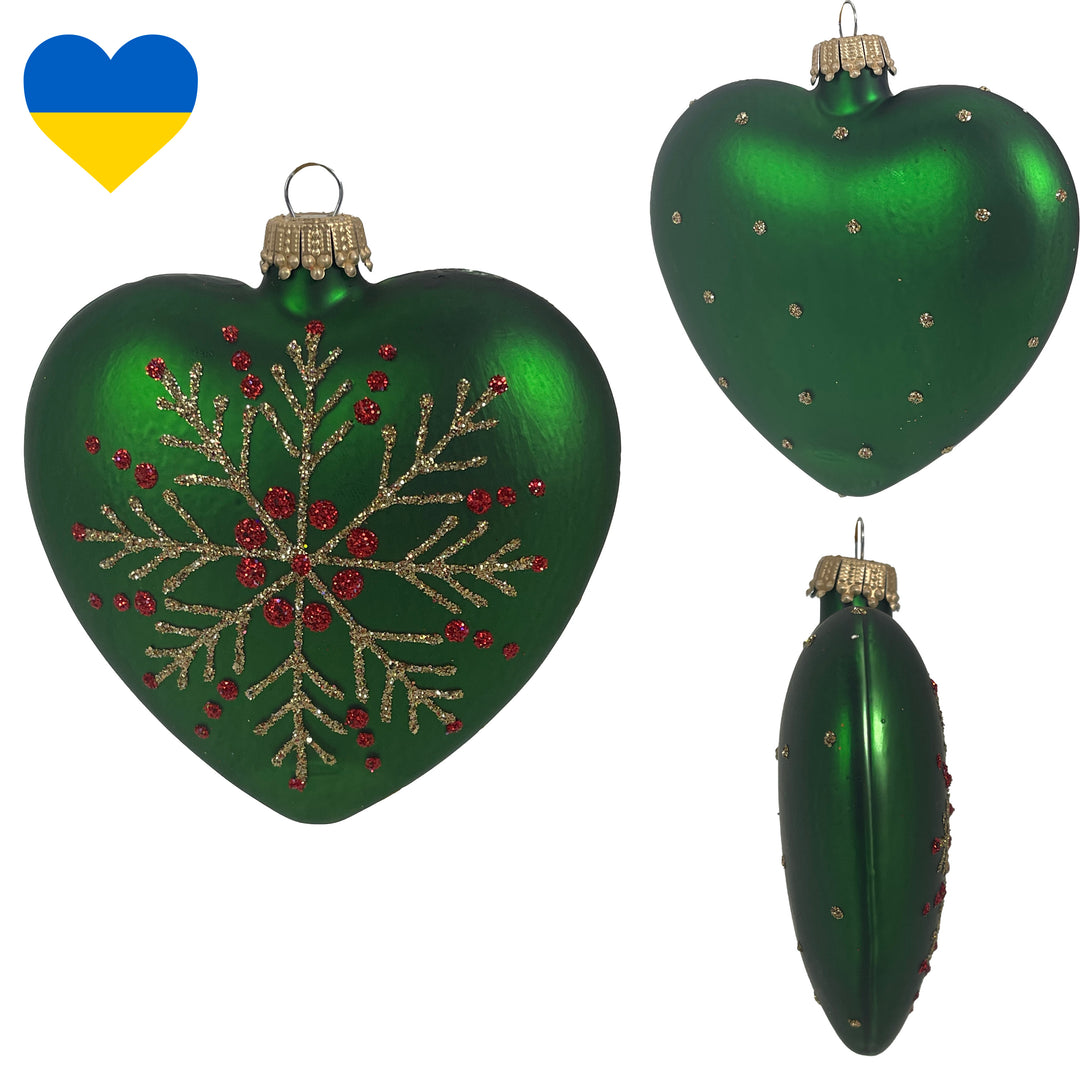 3.75" Christmas Night Green Hearts with Snowflake, set of 2, Green/ Gold/ Red,  Figurine Ornaments, 2/Box, 6/Case, 12 Pieces