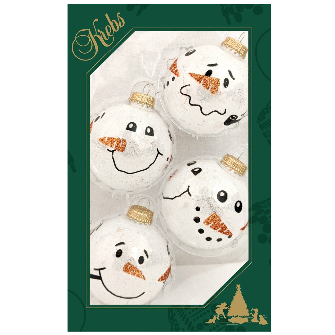 2 5/8" (67mm) Glass Ball Ornaments, Snow Sparkel with Snowman Faces, 4/Box, 12/Case, 48 Pieces