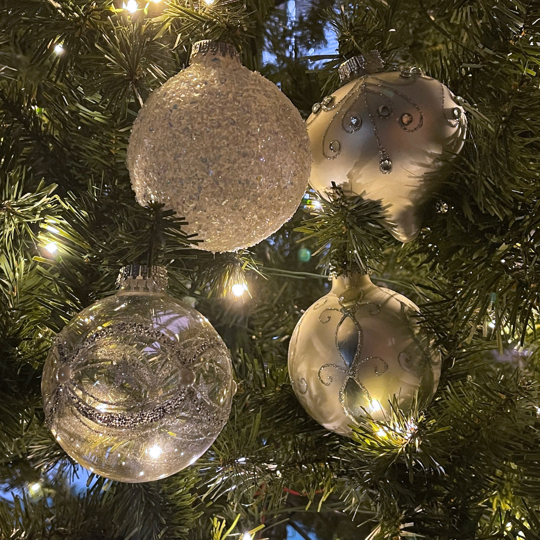 3 1/4" (80mm) Clear Silver Highly Decorated Ornament Set, Clear/Silver, 9/Box, 6/Case, 54 Pieces