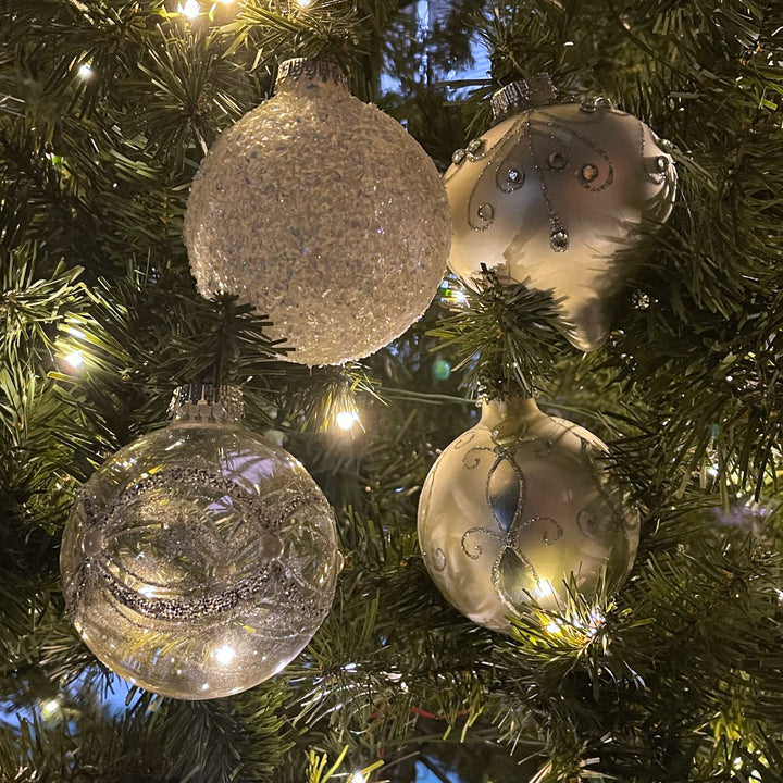 3 1/4" (80mm) Clear Silver Highly Decorated Ornament Set, Clear/Silver, 9/Box, 6/Case, 54 Pieces