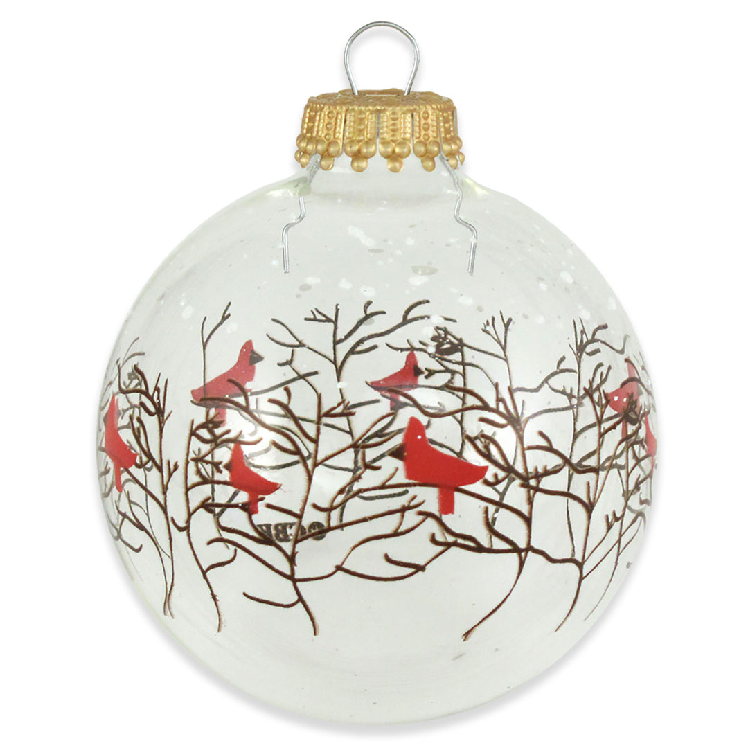 2 5/8" (67mm) Glass Ball Ornaments, Clear - Branches and Cardinals, 4/Box, 12/Case, 48 Pieces