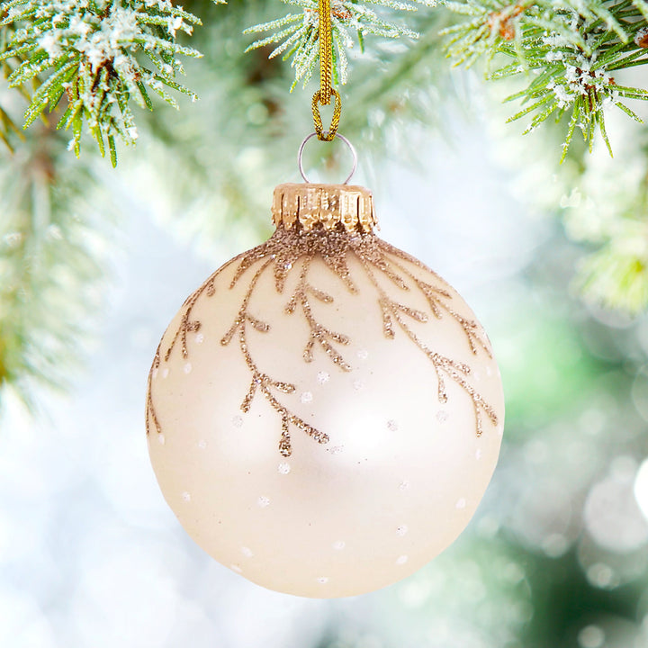 2 5/8" (67mm) Ball Ornaments, Vanilla Ice Velvet with Hanging Branches, Gold Crown Caps - 4/Box, 12/Case, 48 Pieces