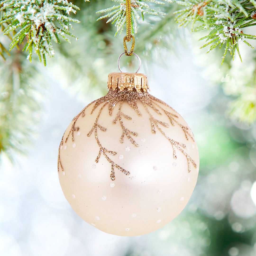 2 5/8" (67mm) Ball Ornaments, Vanilla Ice Velvet with Hanging Branches, Gold Crown Caps - 4/Box, 12/Case, 48 Pieces