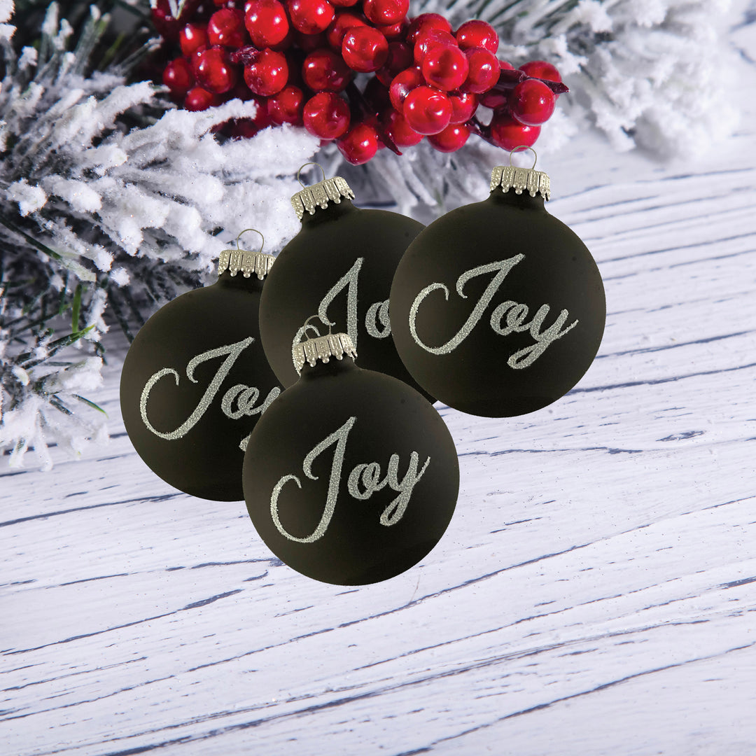 2 5/8" (67mm) Glass Ball Ornaments, Ebony Velvet - Silver Glitter Joy Text, 4/Box, 12/Case, 48 Pieces