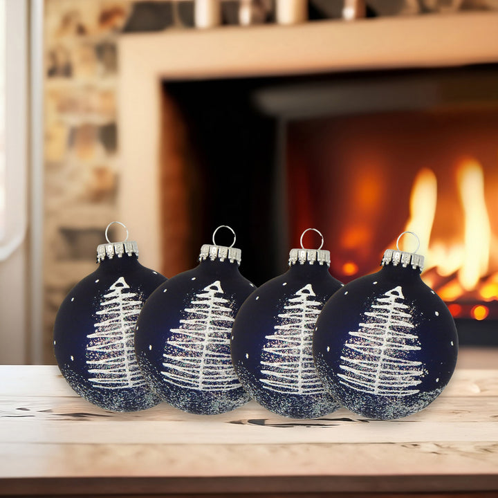 2 5/8" (67mm) Ball Ornaments Navy Velvet with White Scribble Tree, 4/Box, 12/Case, 48 Pieces