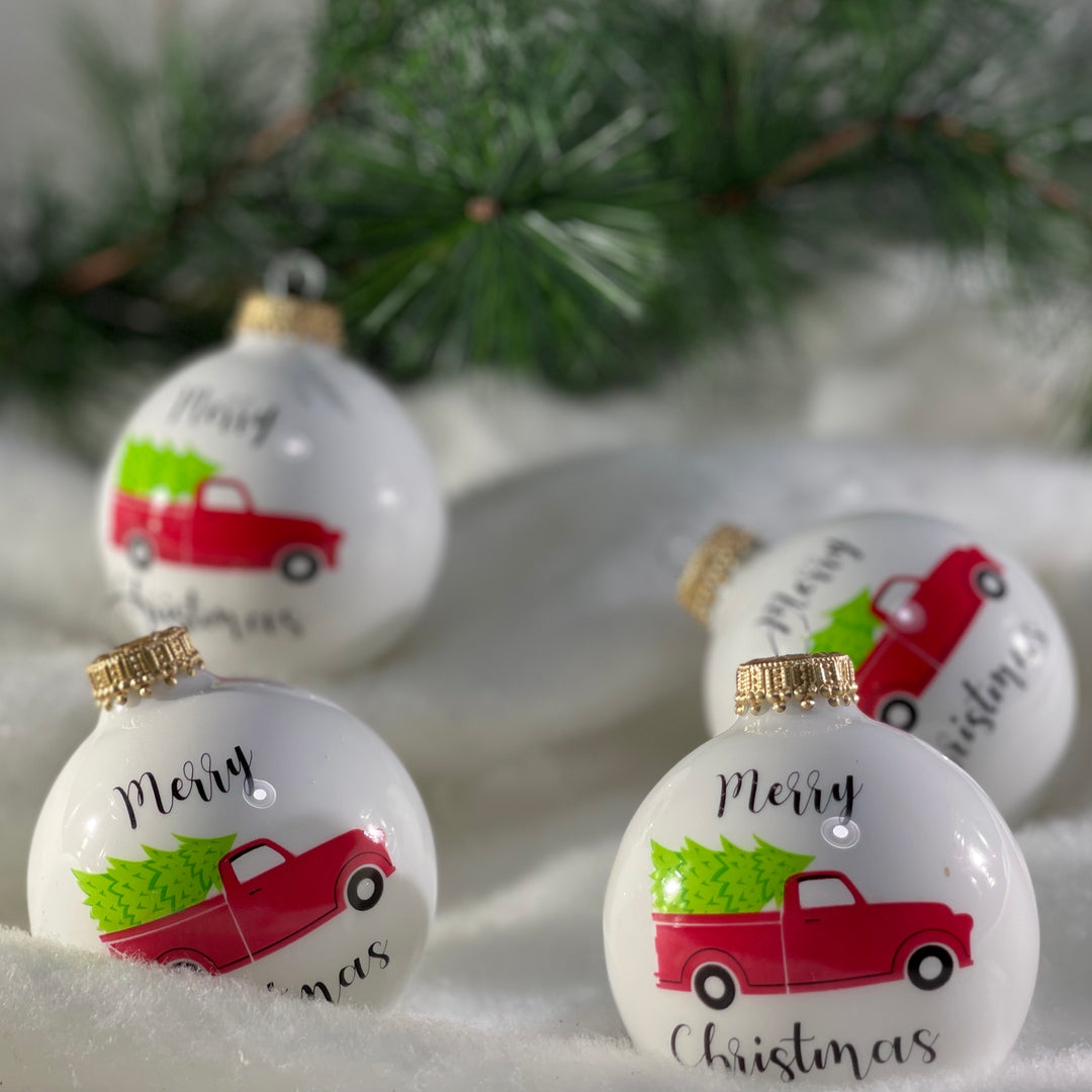 2 5/8" (67mm) Glass Ball Ornaments, Porcelain White with Red Vintage Truck, 4/Box, 12/Case, 48 Pieces