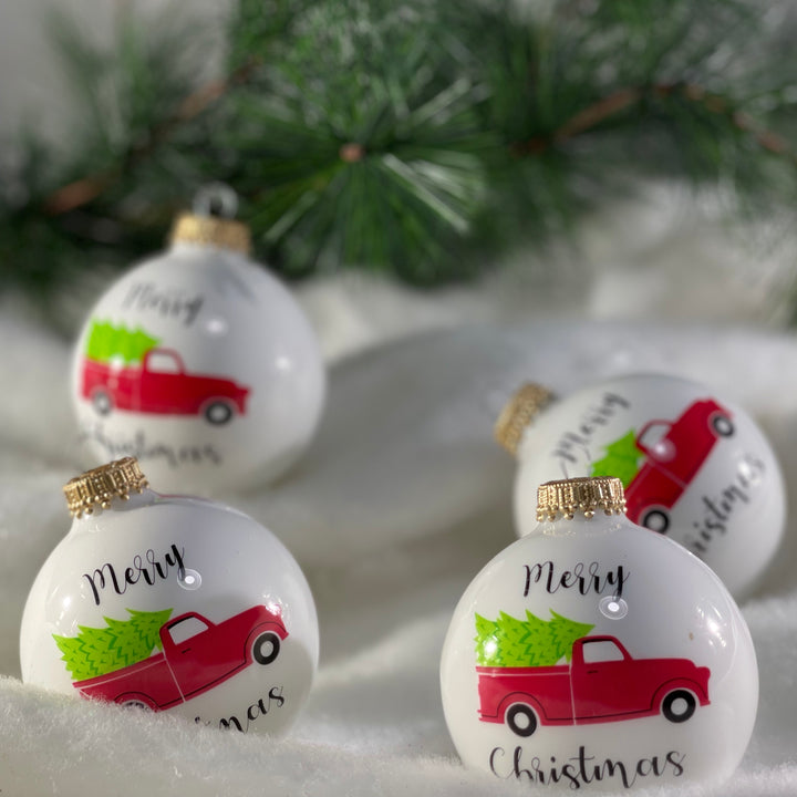 2 5/8" (67mm) Glass Ball Ornaments, Porcelain White with Red Vintage Truck, 4/Box, 12/Case, 48 Pieces