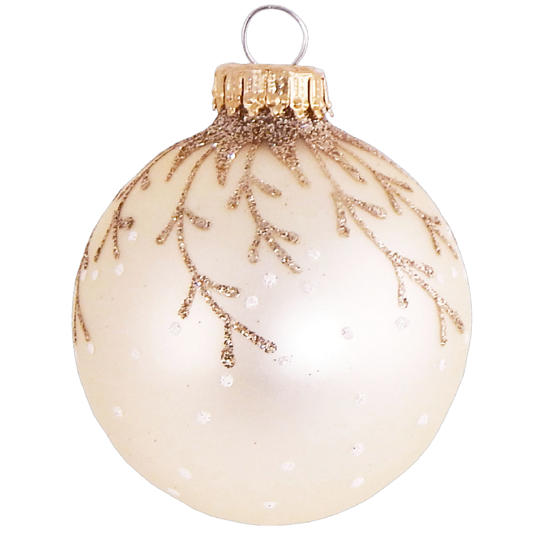 2 5/8" (67mm) Ball Ornaments, Vanilla Ice Velvet with Hanging Branches, Gold Crown Caps - 4/Box, 12/Case, 48 Pieces