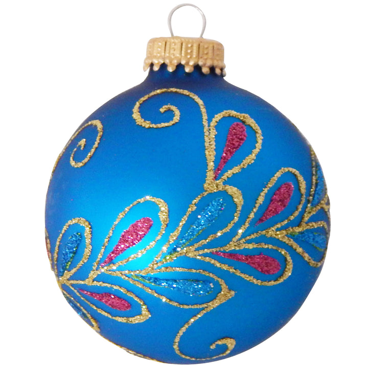 2 5/8" (67mm) Ball Ornaments, Glitter Peacock Drapes, Asst Brights, 4/Box, 12/Case, 48 Pieces