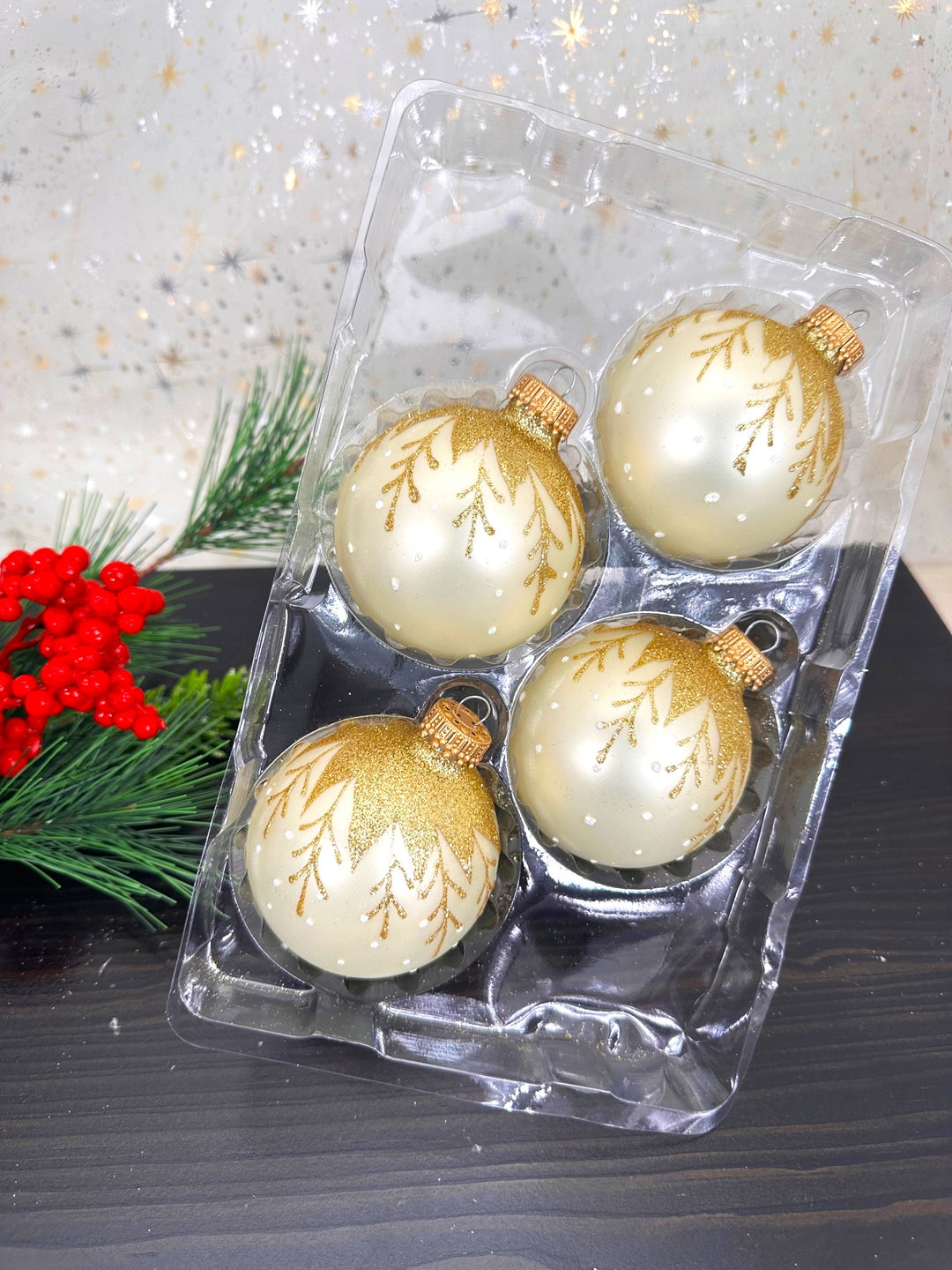 2 5/8" (67mm) Ball Ornaments, Vanilla Ice Velvet with Hanging Branches, Gold Crown Caps - 4/Box, 12/Case, 48 Pieces