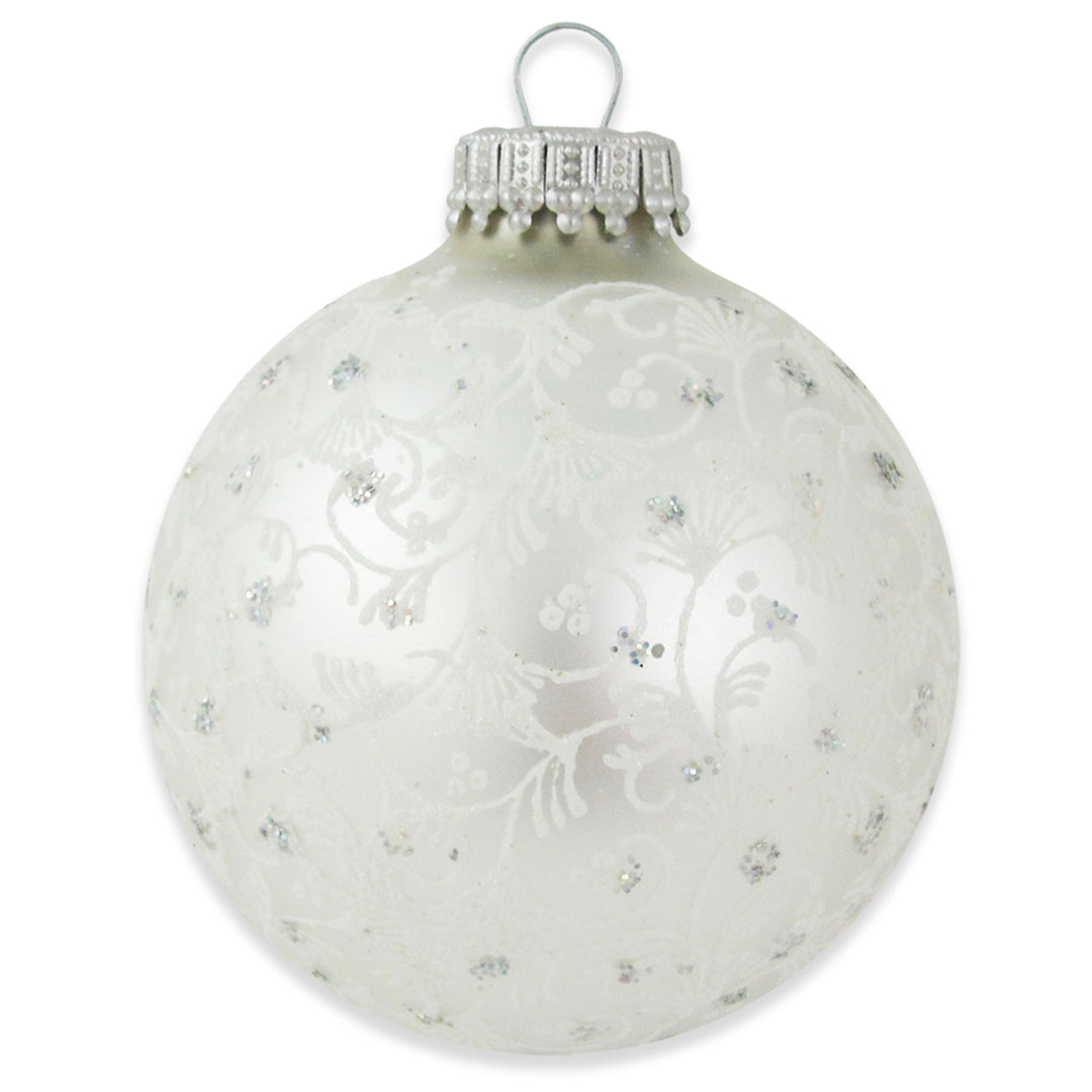 2 5/8" (67mm) Ball Ornaments Silver Pearl with White Lace and Silver Sparkles, 4/Box, 12/Case, 48 Pieces
