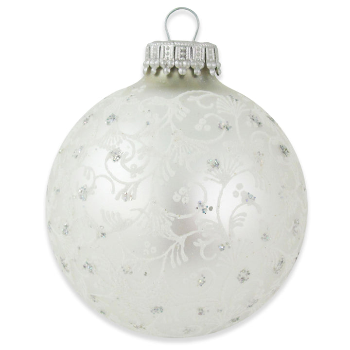 2 5/8" (67mm) Ball Ornaments Silver Pearl with White Lace and Silver Sparkles, 4/Box, 12/Case, 48 Pieces