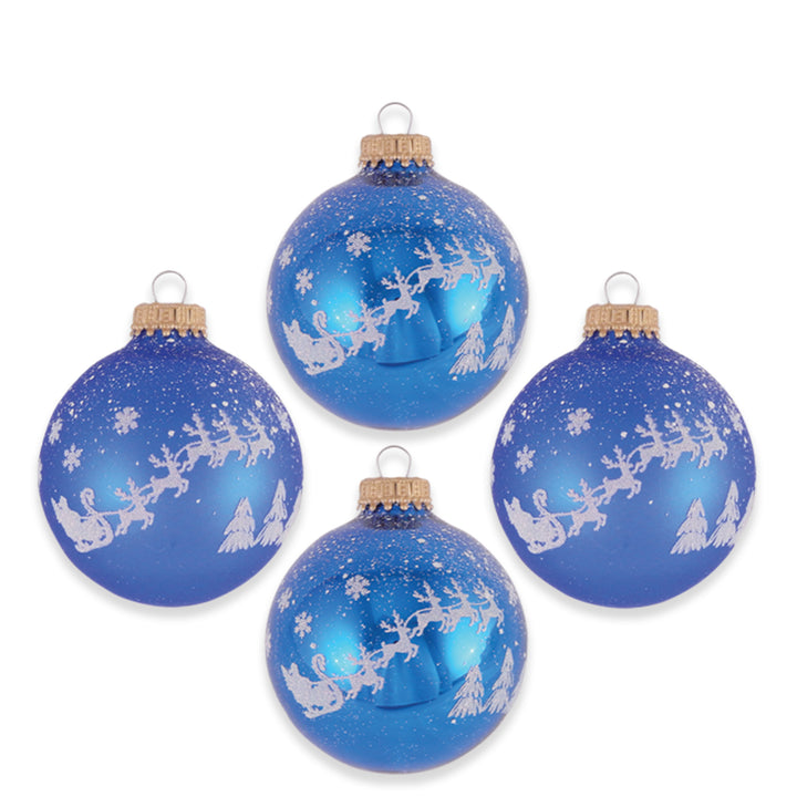 2 5/8" (67mm) Ball Ornaments Classic Blue Shine / Velvet with White Christmas Eve, 4/Box, 12/Case, 48 Pieces