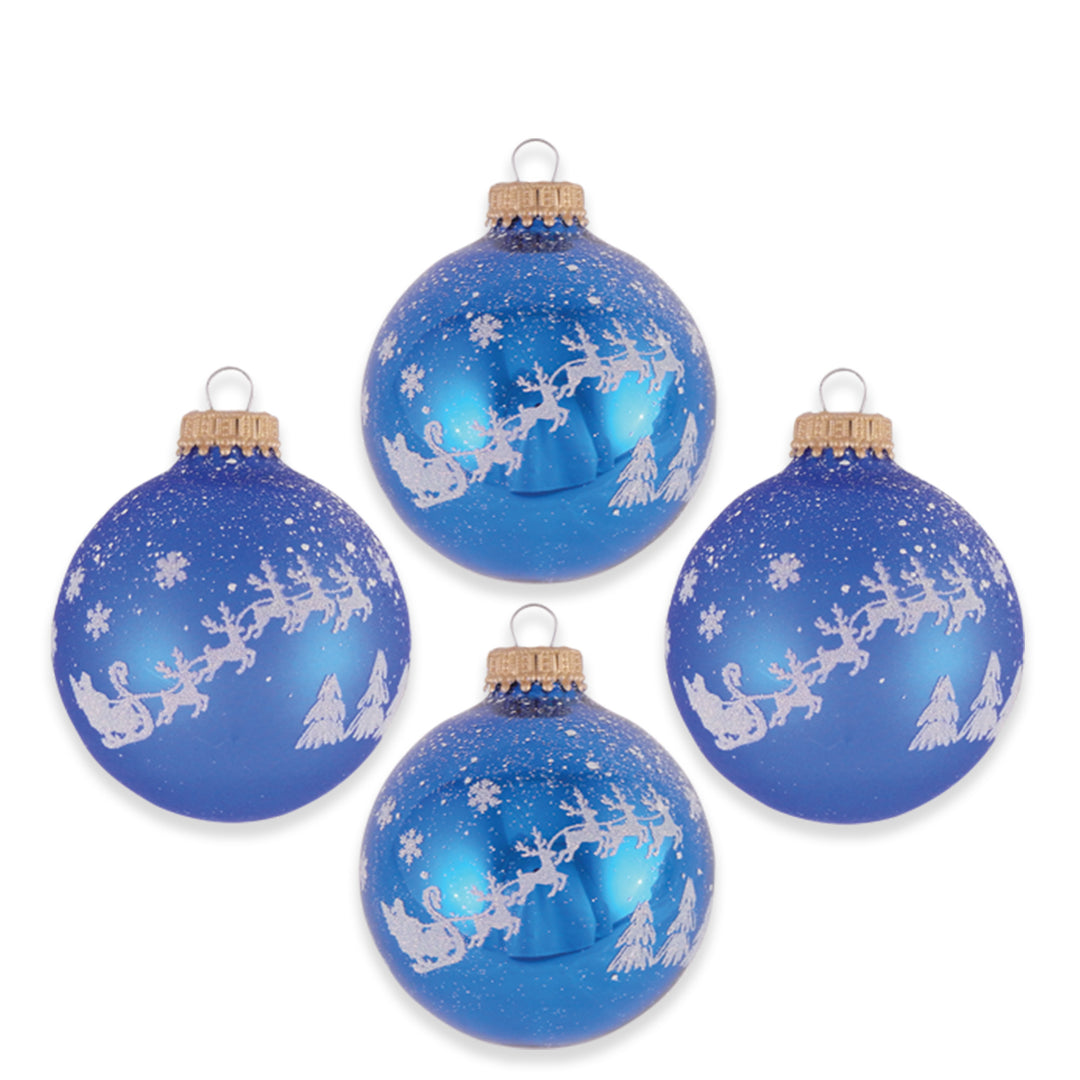 2 5/8" (67mm) Ball Ornaments Classic Blue Shine / Velvet with White Christmas Eve, 4/Box, 12/Case, 48 Pieces