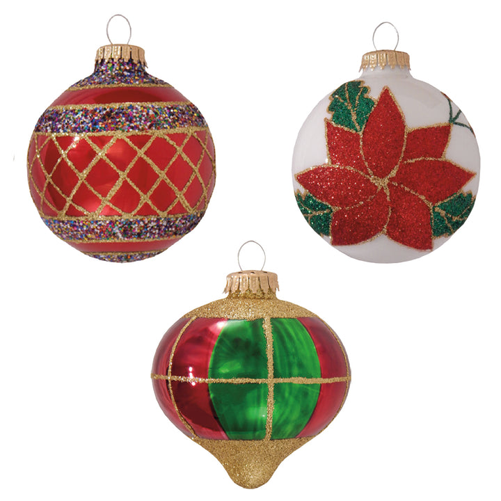 3 1/4" (80mm) Ball Ornaments Traditional Decorated Set, Red/Multi, 9/Box, 6/Case, 54 Pieces