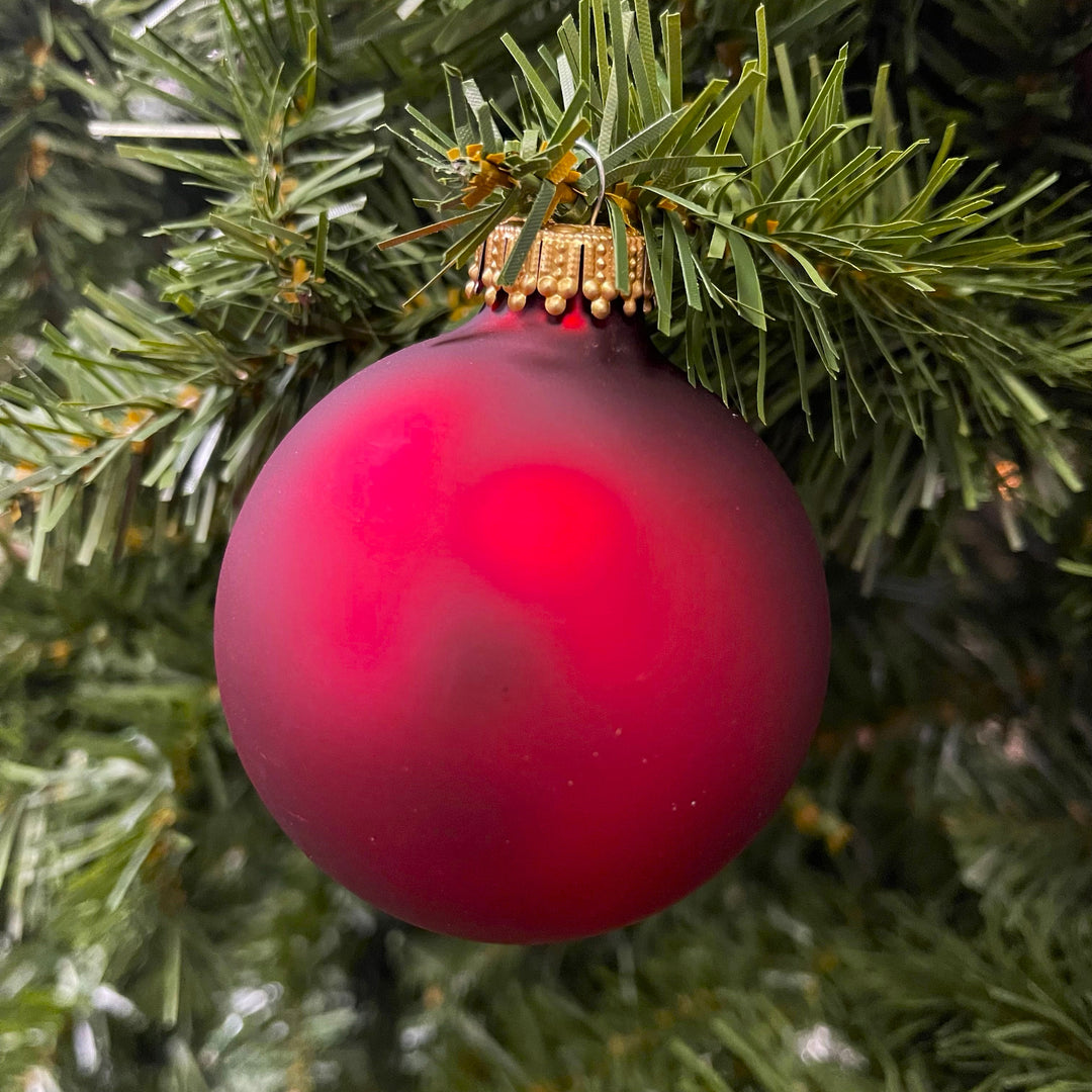 2 5/8" (67mm) Ball Ornaments, Gold Caps, Garnet Velvet, 8/Box, 12/Case, 96 Pieces