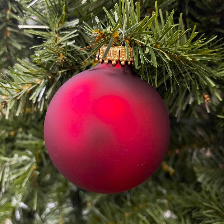 2 5/8" (67mm) Ball Ornaments, Gold Caps, Garnet Velvet, 8/Box, 12/Case, 96 Pieces