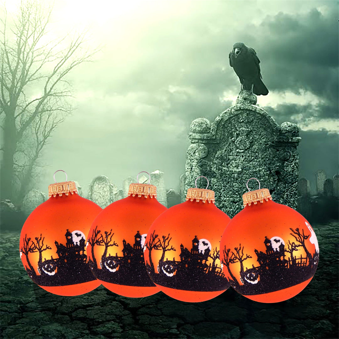2 5/8" (67mm) Halloween Ball Ornaments Solid Wildfire Velvet with Graveyard Scenes 4/Box, 12/Case, 48 Pieces