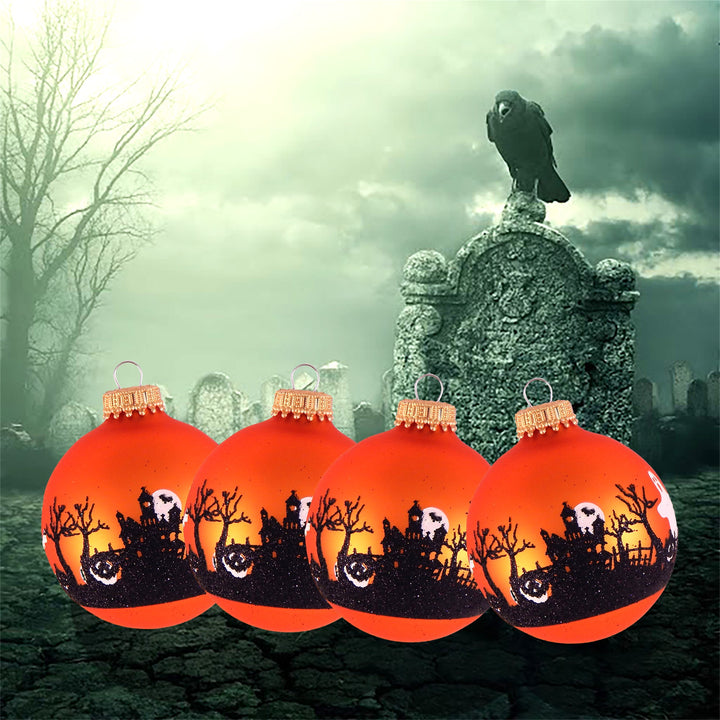 2 5/8" (67mm) Halloween Ball Ornaments Solid Wildfire Velvet with Graveyard Scenes 4/Box, 12/Case, 48 Pieces