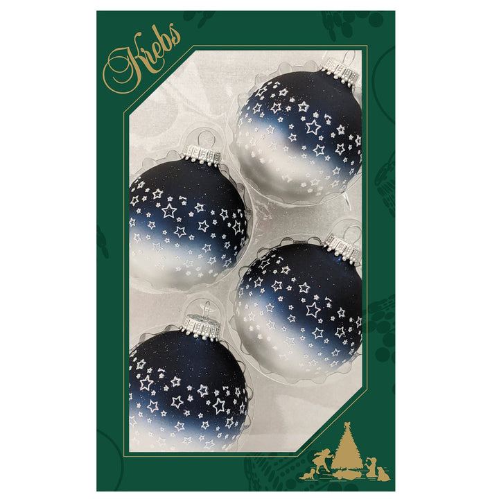 2 5/8" (67mm) Glass Ball Ornaments, Bi-Color Midnight Haze Top / Silver Pearl Bottom - White Glitter Star Band, 4/Box, 12/Case, 48 Pieces