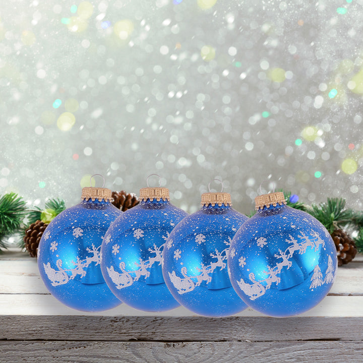2 5/8" (67mm) Ball Ornaments Classic Blue Shine / Velvet with White Christmas Eve, 4/Box, 12/Case, 48 Pieces