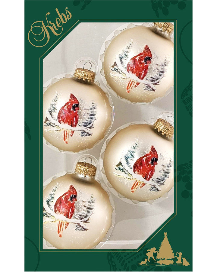 2 5/8" (67mm) Glass Ball Ornaments, Oyster Velvet - Watercolor Cardinal, 4/Box, 12/Case, 48 Pieces