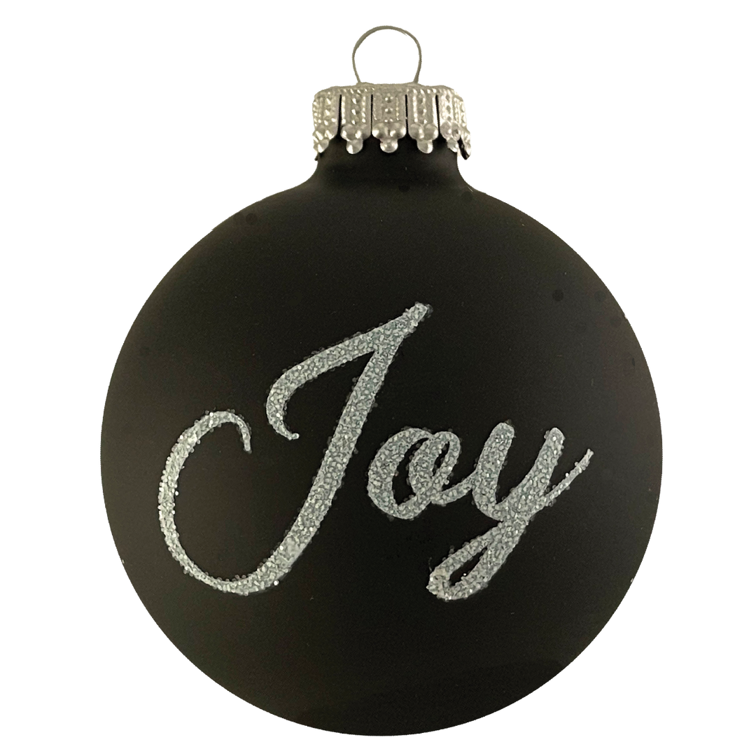 2 5/8" (67mm) Glass Ball Ornaments, Ebony Velvet - Silver Glitter Joy Text, 4/Box, 12/Case, 48 Pieces