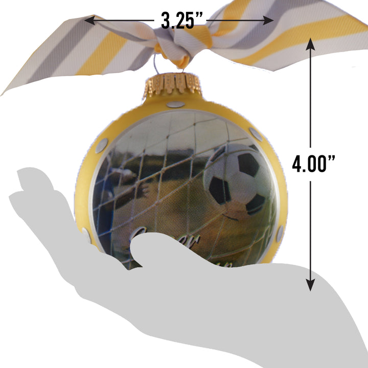 3 1/4" (80mm) Personalizable Hugs Specialty Gift Ornaments, Gold Velvet Ornament with Soccer Champ