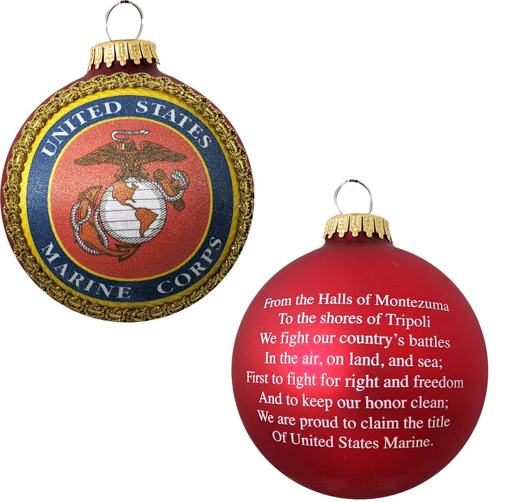 3 1/4" (80mm) Glass Ball Ornaments, Flame Red - Silk US Marines Logo and Hymn, 1/Box, 12/Case, 12 Pieces