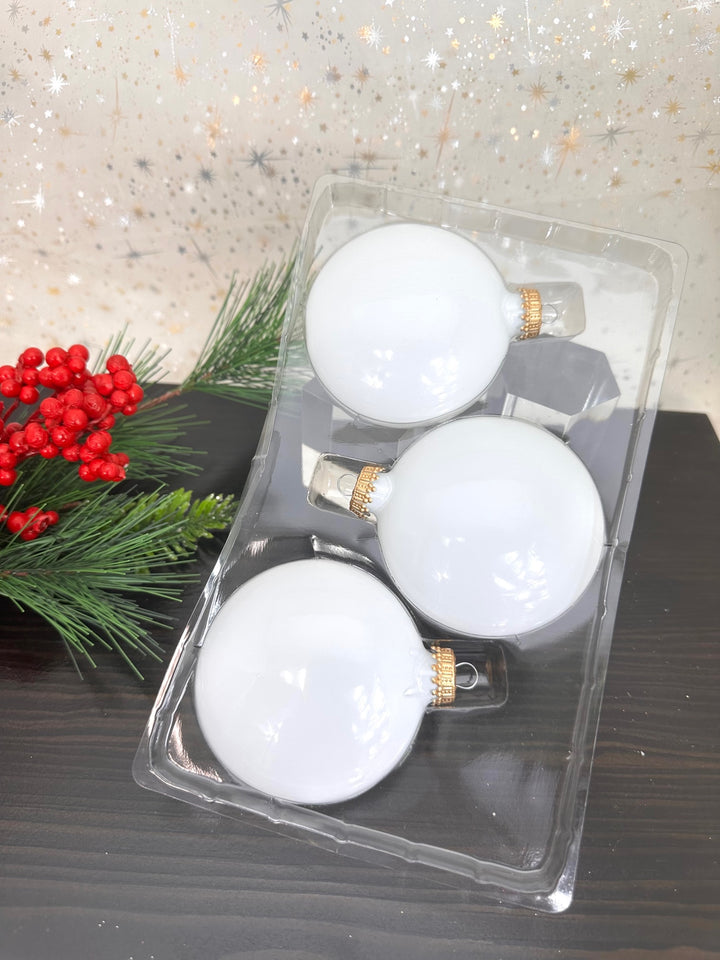 3" (76mm) Glass Disc Ornaments, Porcelain White with Gold Crown Caps, 3/Box, 24/Case, 72 Pieces