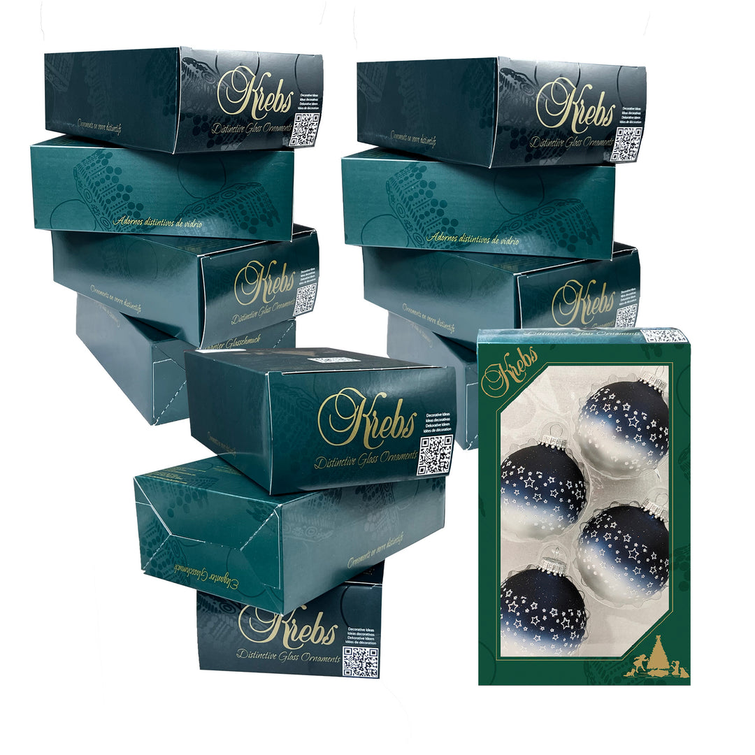 2 5/8" (67mm) Glass Ball Ornaments, Bi-Color Midnight Haze Top / Silver Pearl Bottom - White Glitter Star Band, 4/Box, 12/Case, 48 Pieces