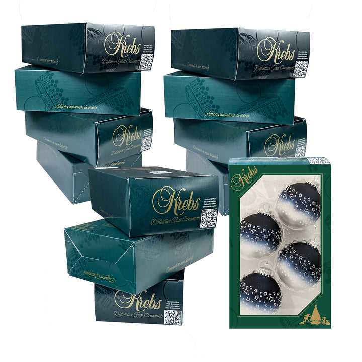 2 5/8" (67mm) Glass Ball Ornaments, Bi-Color Midnight Haze Top / Silver Pearl Bottom - White Glitter Star Band, 4/Box, 12/Case, 48 Pieces
