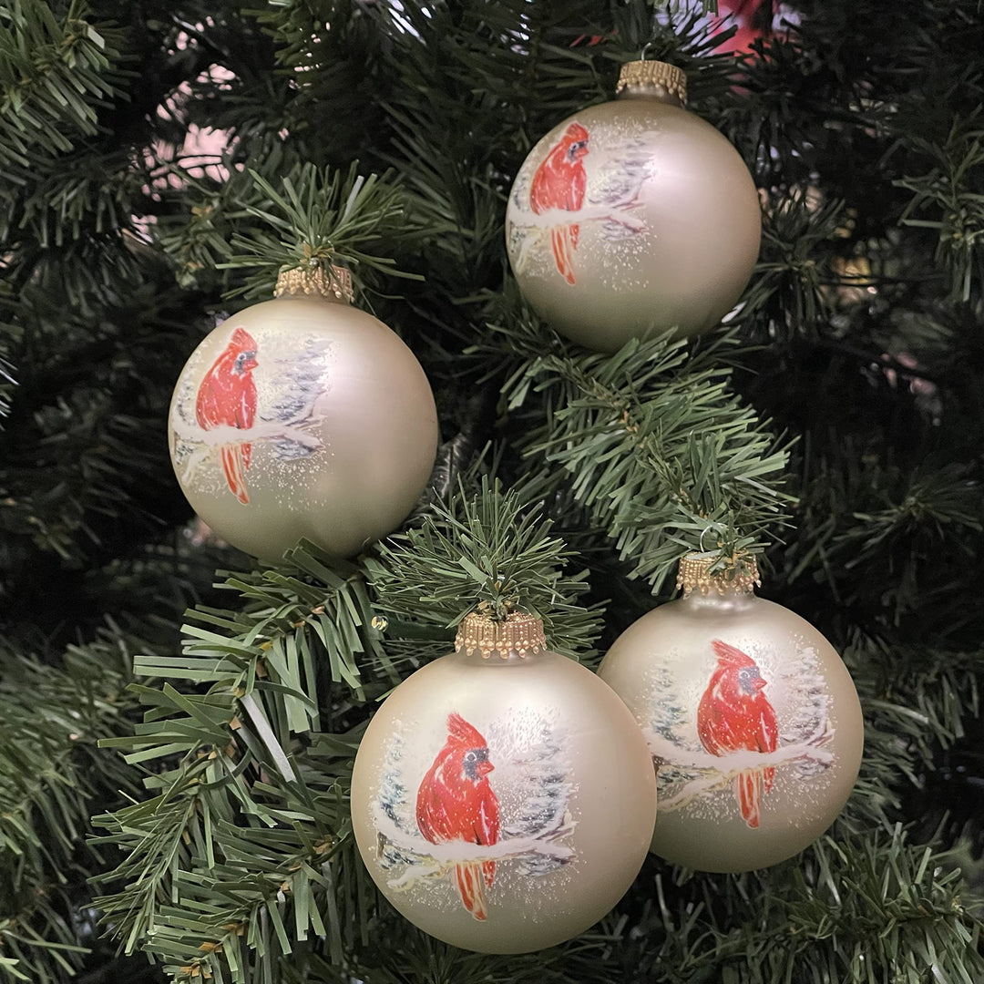 2 5/8" (67mm) Glass Ball Ornaments, Oyster Velvet - Watercolor Cardinal, 4/Box, 12/Case, 48 Pieces