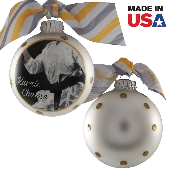 3 1/4" (80mm) Personalizable Hugs Specialty Gift Ornaments, Stirling Silver Glass Ball with Karate Champ