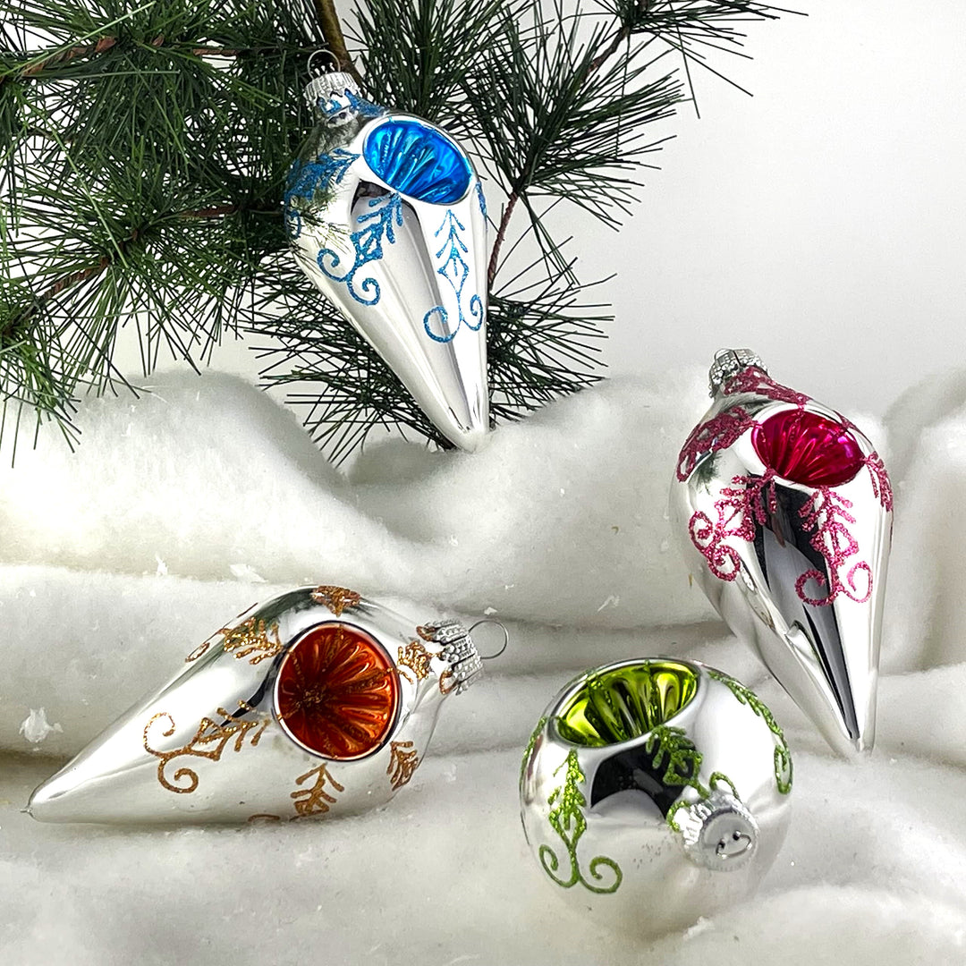 4" (100mm) Glass Drop Shapes, Bright Silver with Christmas Festival Reflectors, 4/Box, 12/Case, 48 Pieces