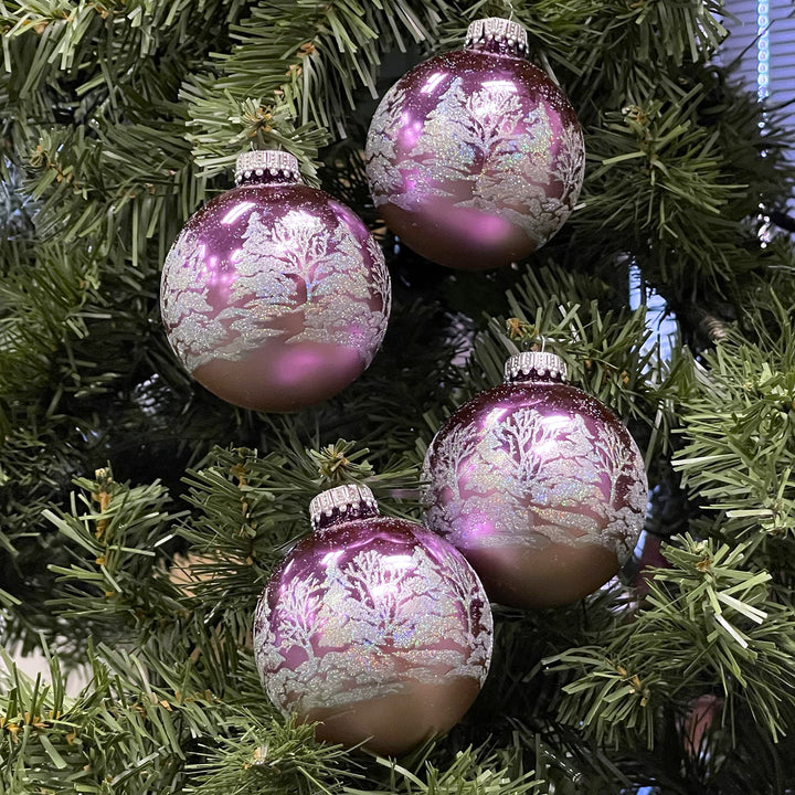 2 5/8" (67mm) Glass Ball Ornaments, Bi-Color Winter Lilac Shine / Smoke Gray Velvet - White Winter Forest Trees, 4/Box, 12/Case, 48 Pieces