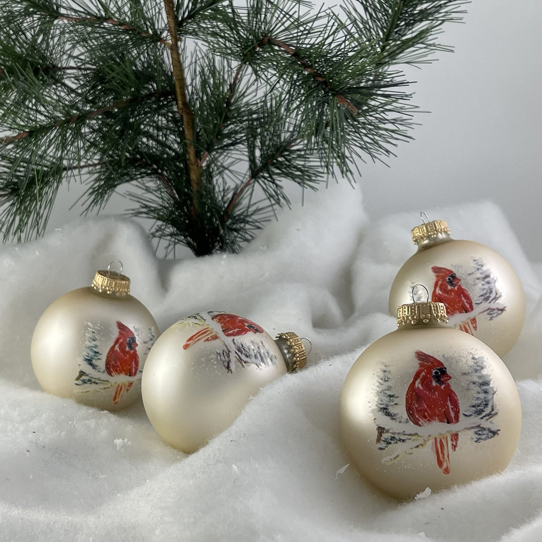 2 5/8" (67mm) Glass Ball Ornaments, Oyster Velvet - Watercolor Cardinal, 4/Box, 12/Case, 48 Pieces